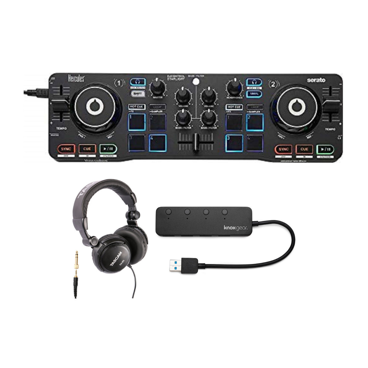 Hercules DJControl Starlight Pocket USB DJ Controller with Headphones & USB Hub