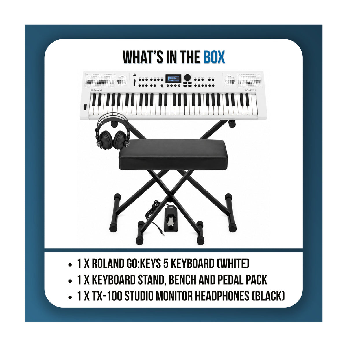 Roland GO:KEYS 5 White Keyboard with Stand, Bench, Pedal, and Headphones - 9