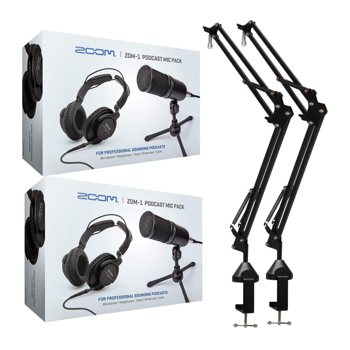 Zoom ZDM-1 2-Person Podcast Microphone Pack Accessory Bundle & Two Boom Arm