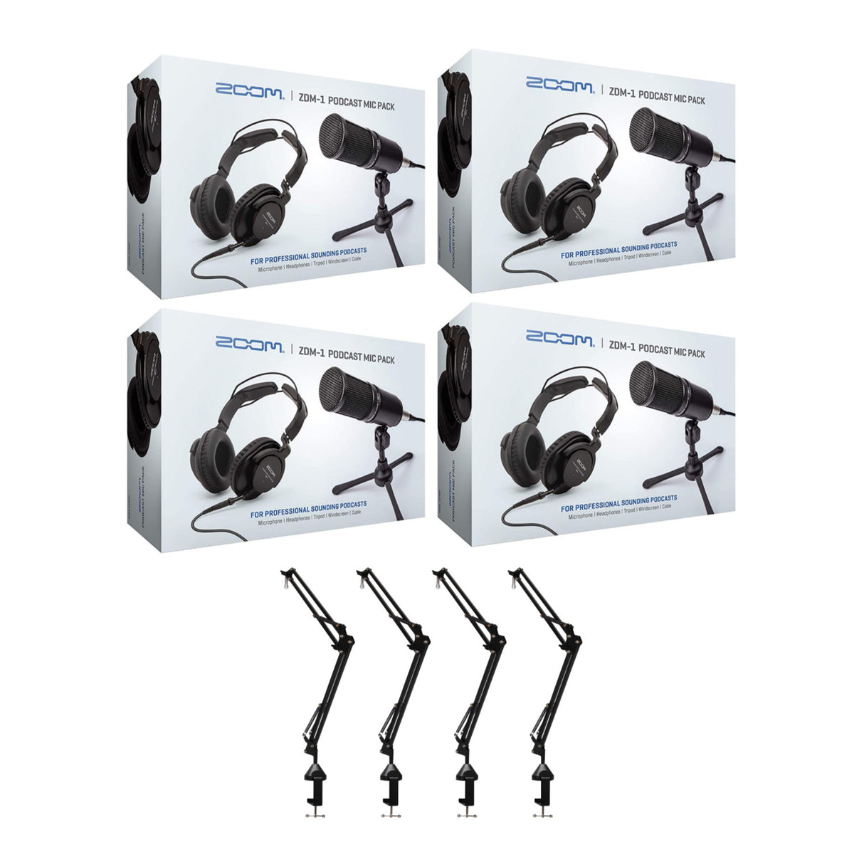 Zoom ZDM-1 4-Person Podcast Microphone Pack Accessory Bundle & Four Boom Arm
