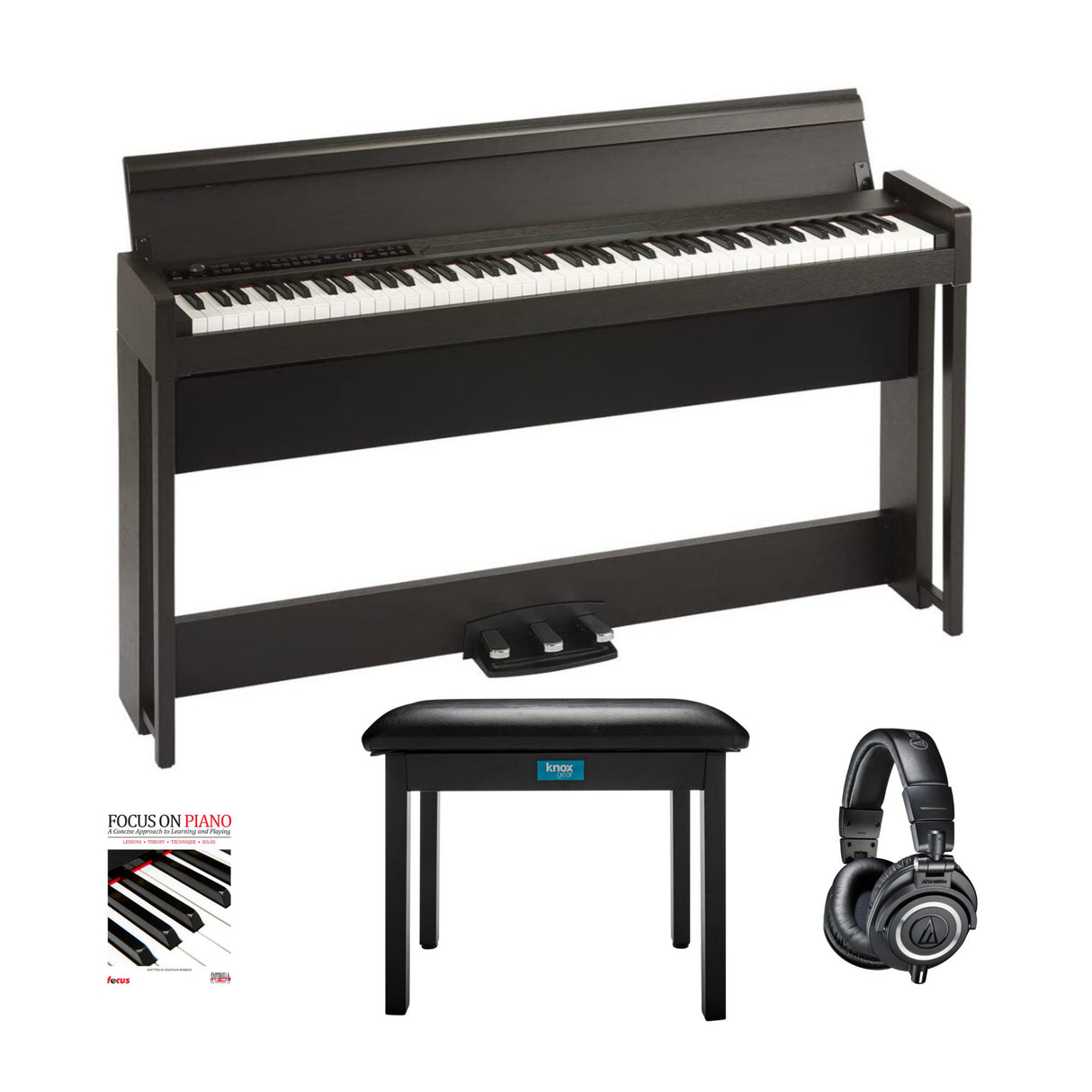 Korg C1 88-Key Digital Piano (Rosewood Brown) with Headphones, Bench, and Book