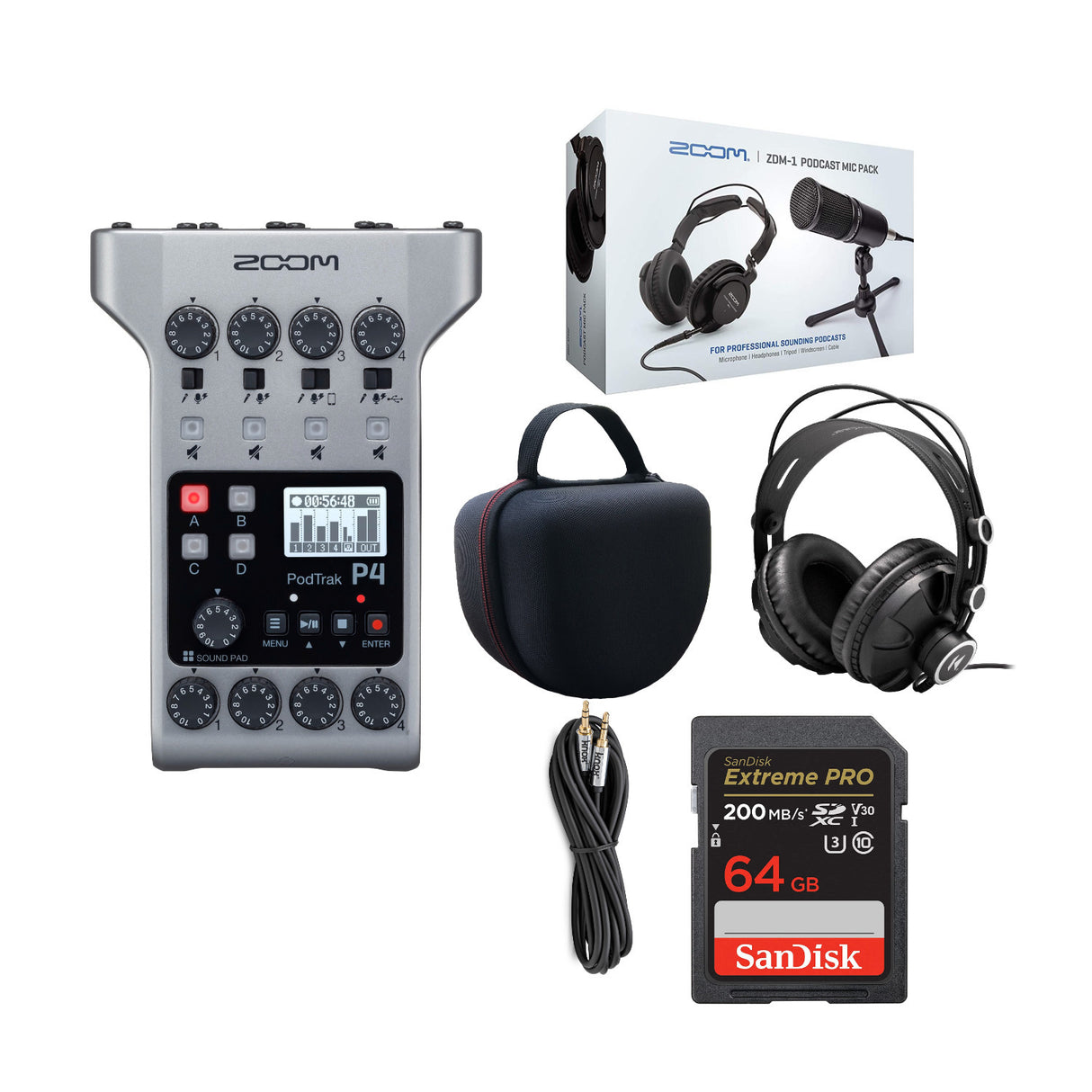 Zoom PodTrak P4 Recorder with Knox Stereo Headphones and SD Card Bundle