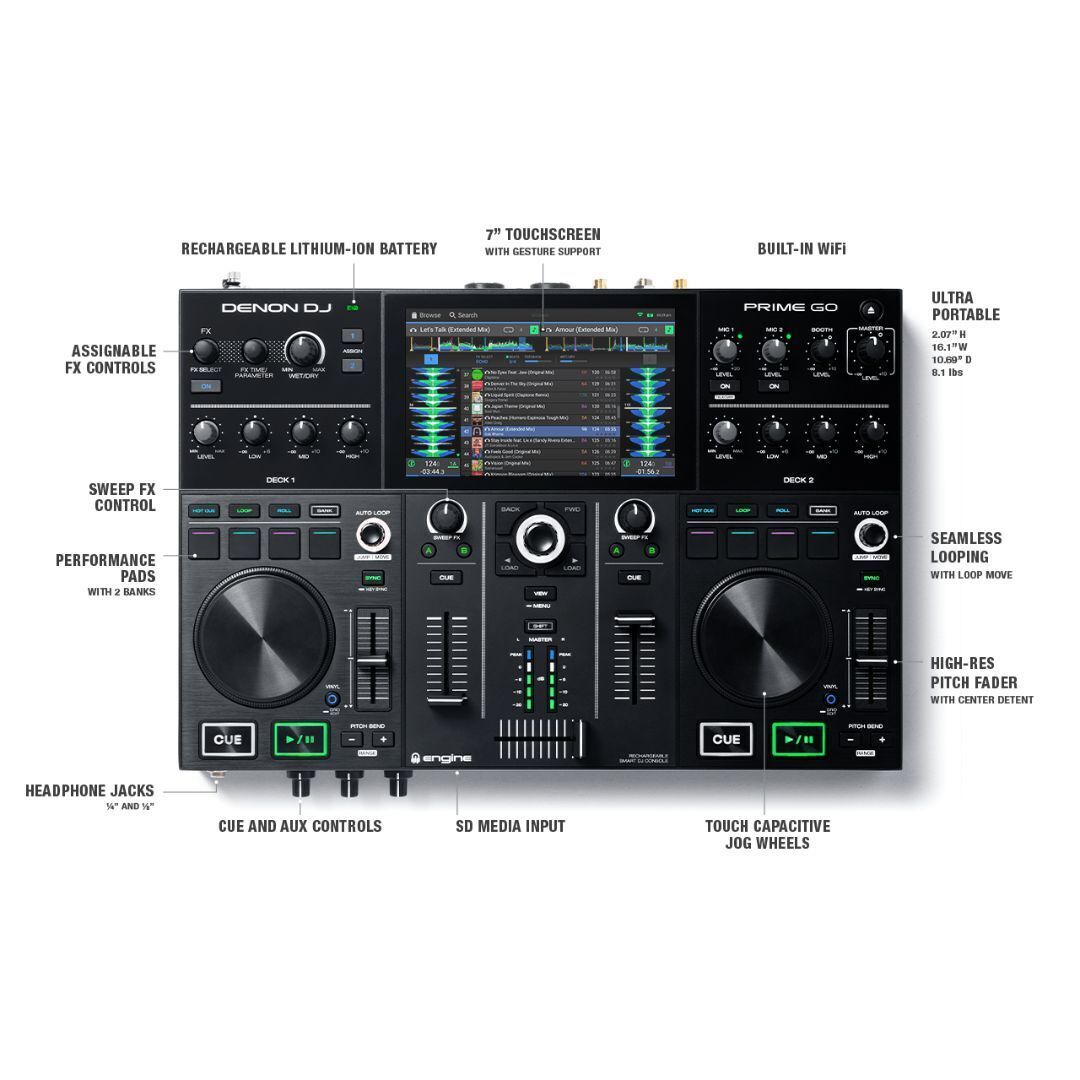 Denon DJ Prime GO 2-Deck Rechargeable Smart DJ Console with 7" Touchscreen