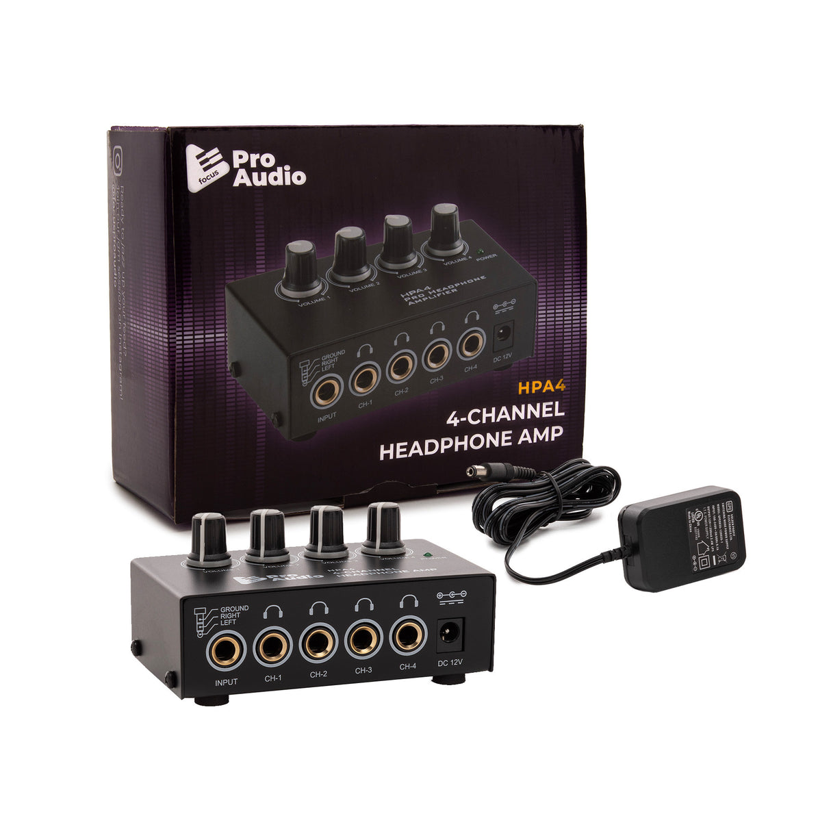 FocusProAudio Compact 4-Ch Stereo Headphone Amplifier with DC 12V Power Adapter