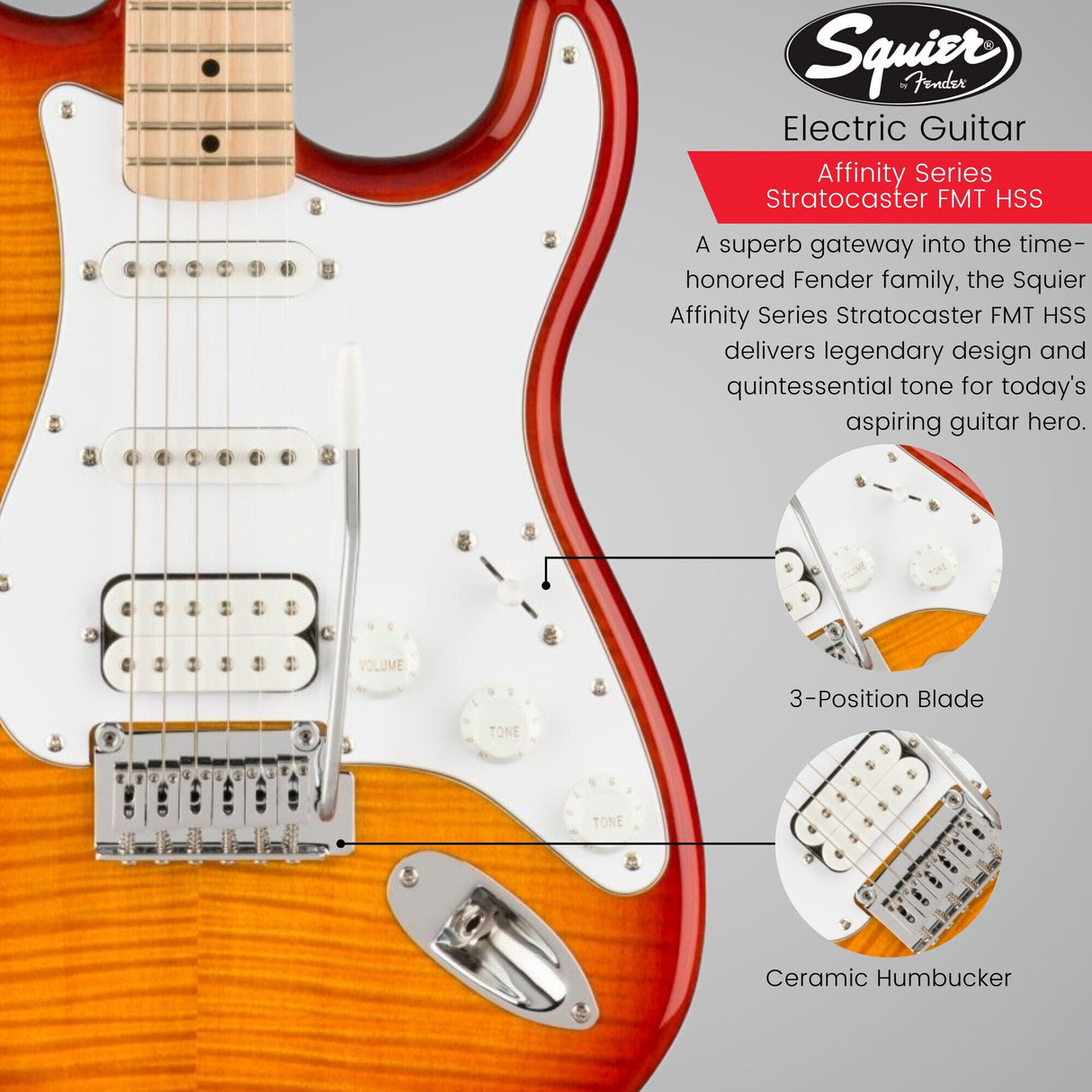 Squier Affinity Series Stratocaster FMT HSS Guitar (Sienna Sunburst) Bundle
