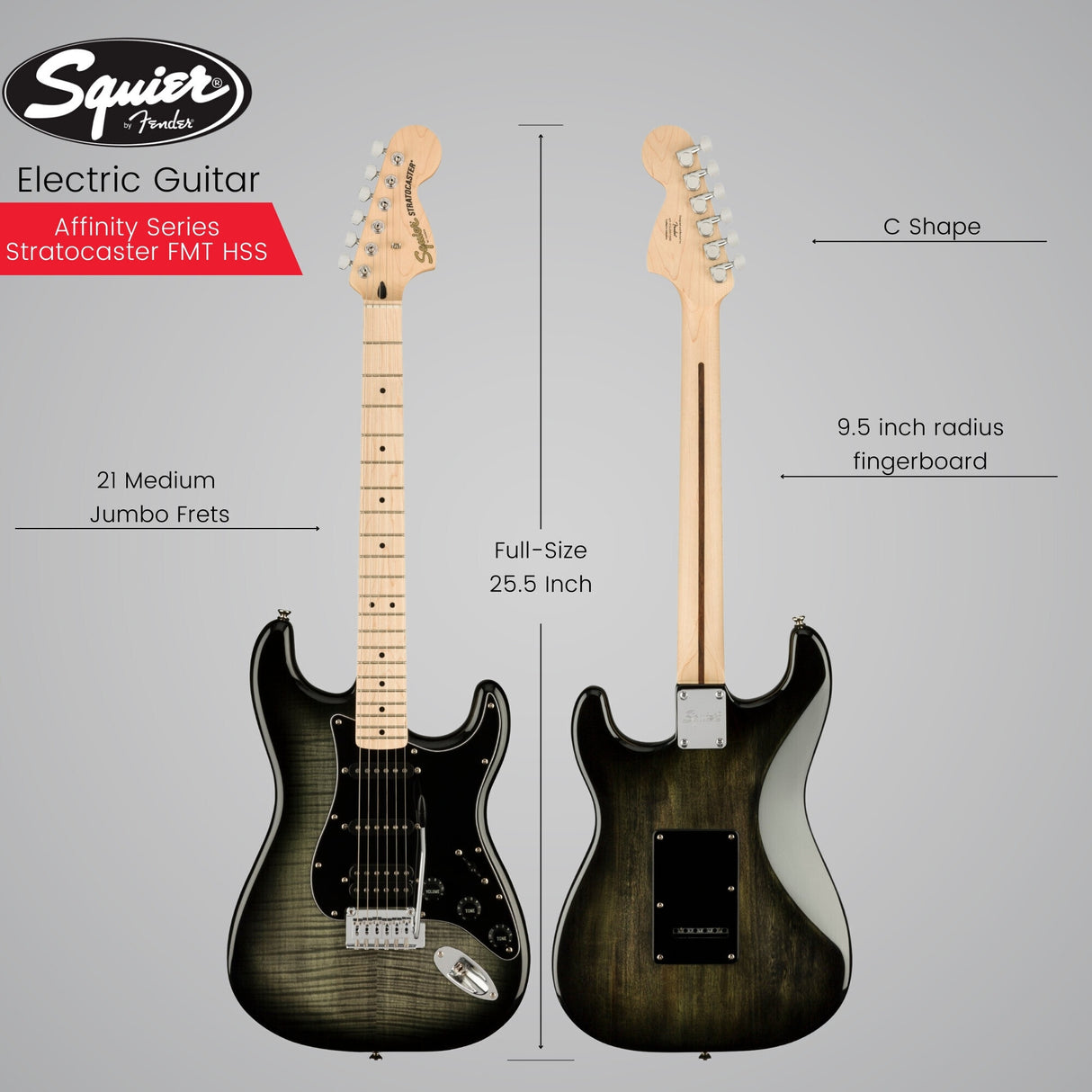 Squier Affinity Series Stratocaster FMT HSS Guitar (Black Burst) Bundle