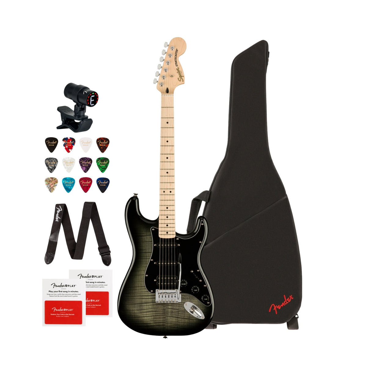 Squier Affinity Series Stratocaster FMT HSS Guitar (Black Burst) Bundle
