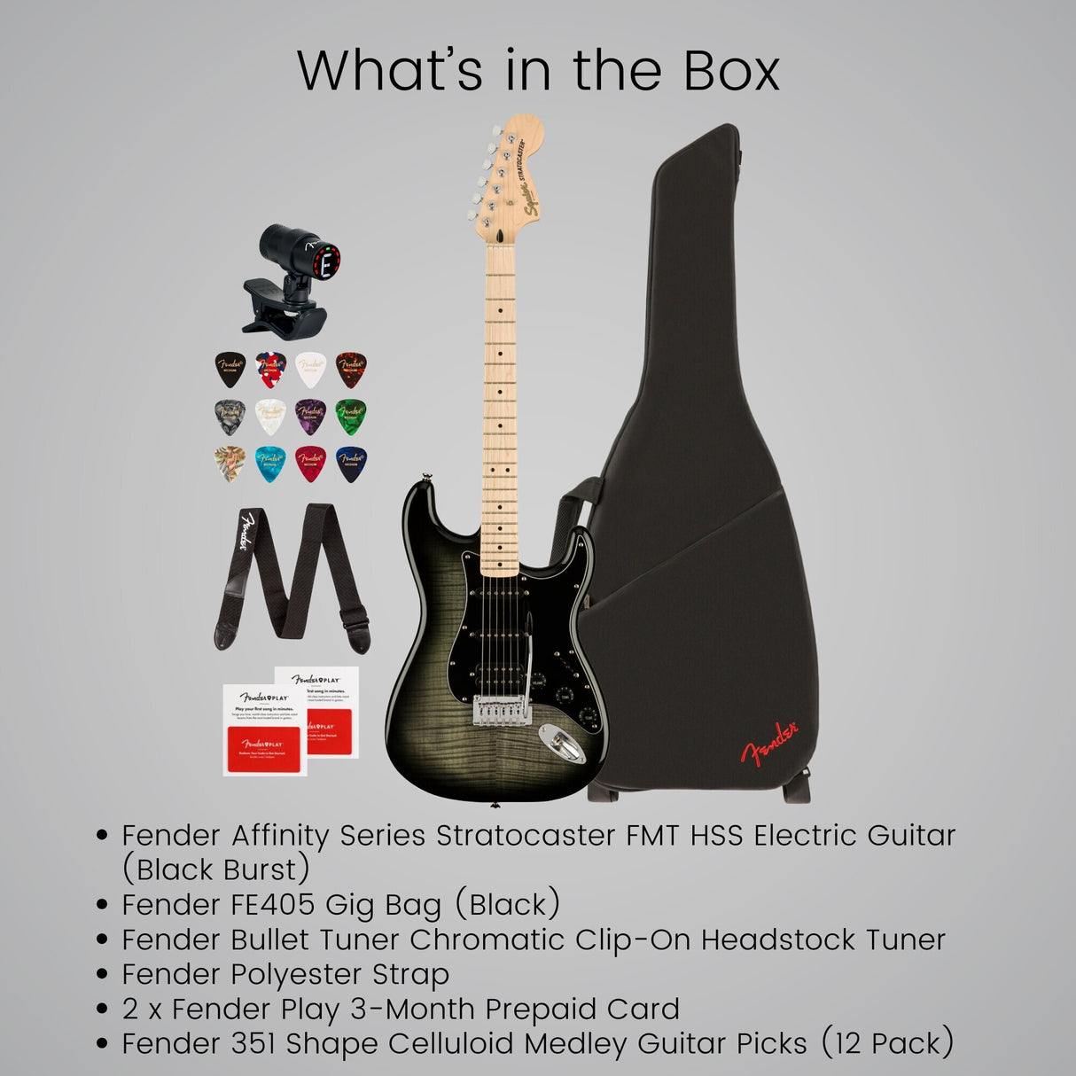 Squier Affinity Series Stratocaster FMT HSS Guitar (Black Burst) Bundle