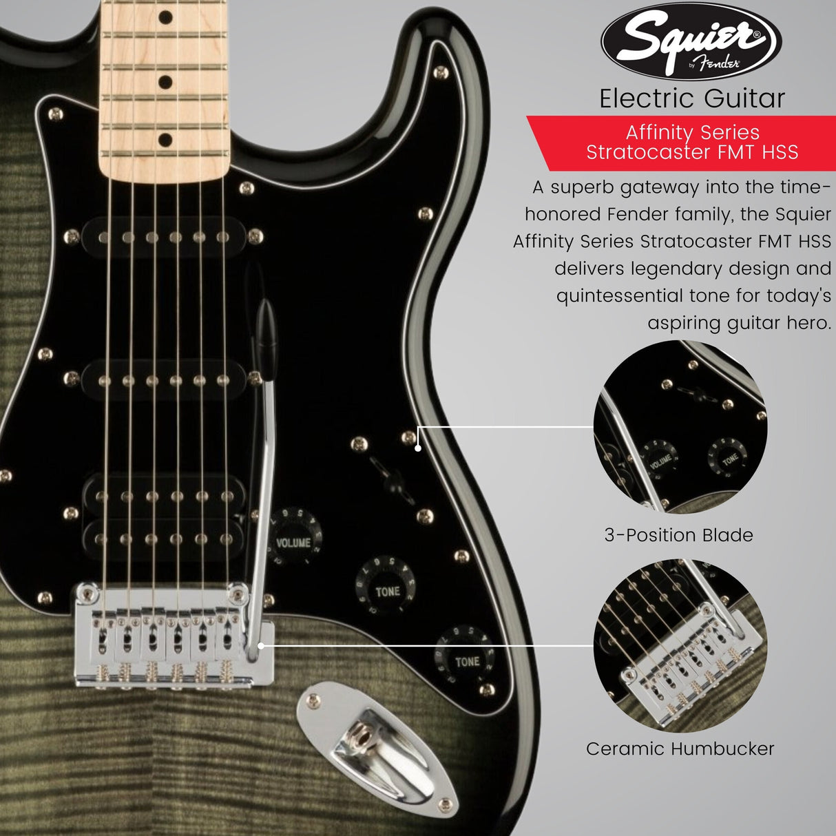 Squier Affinity Series Stratocaster FMT HSS Guitar (Black Burst) Bundle