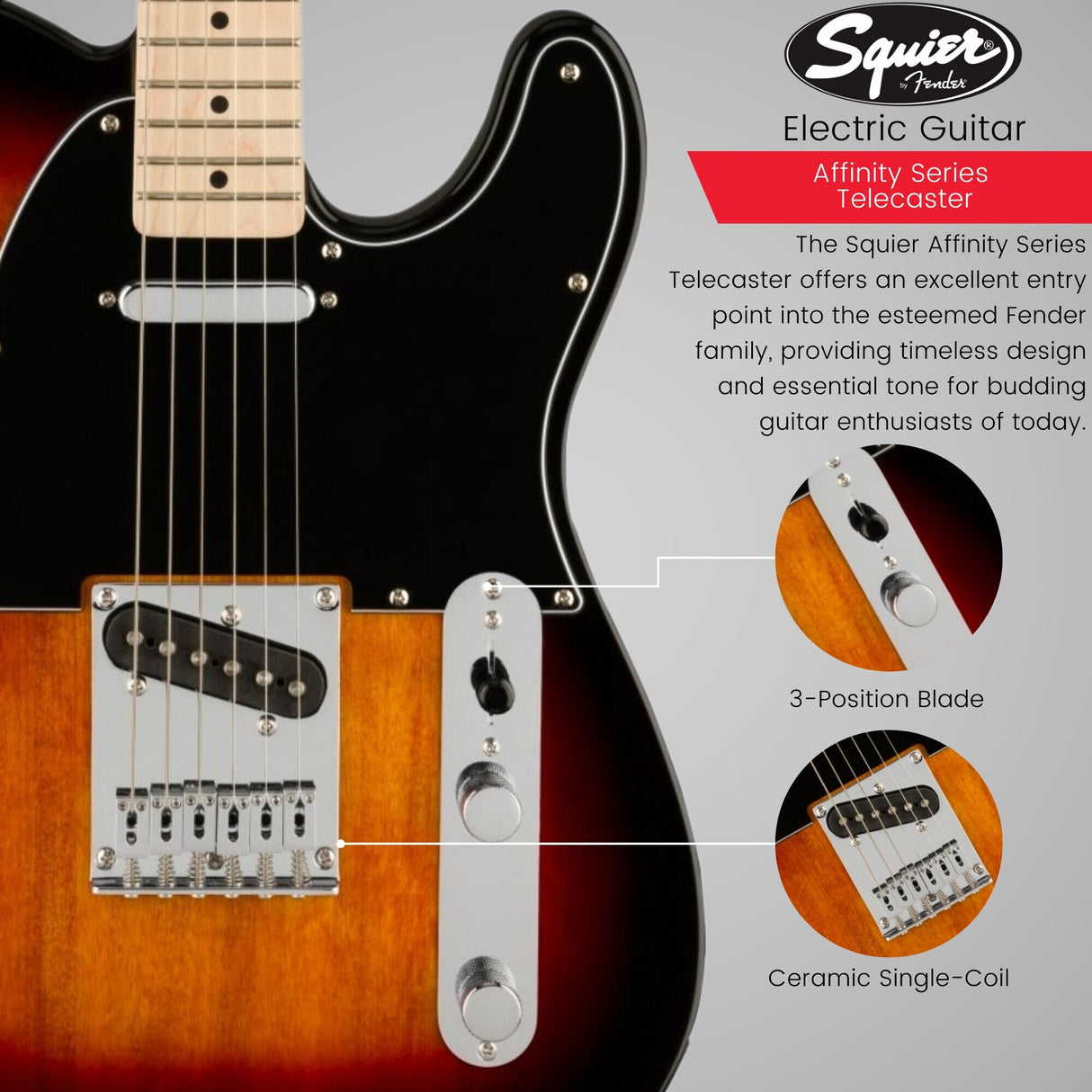 Squier Affinity Series Telecaster Electric Guitar (3-Color Sunburst) Bundle