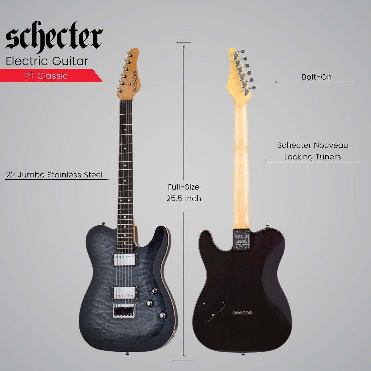 Schecter PT Classic Electric Guitar (Transparent Black Burst) with Hard Case