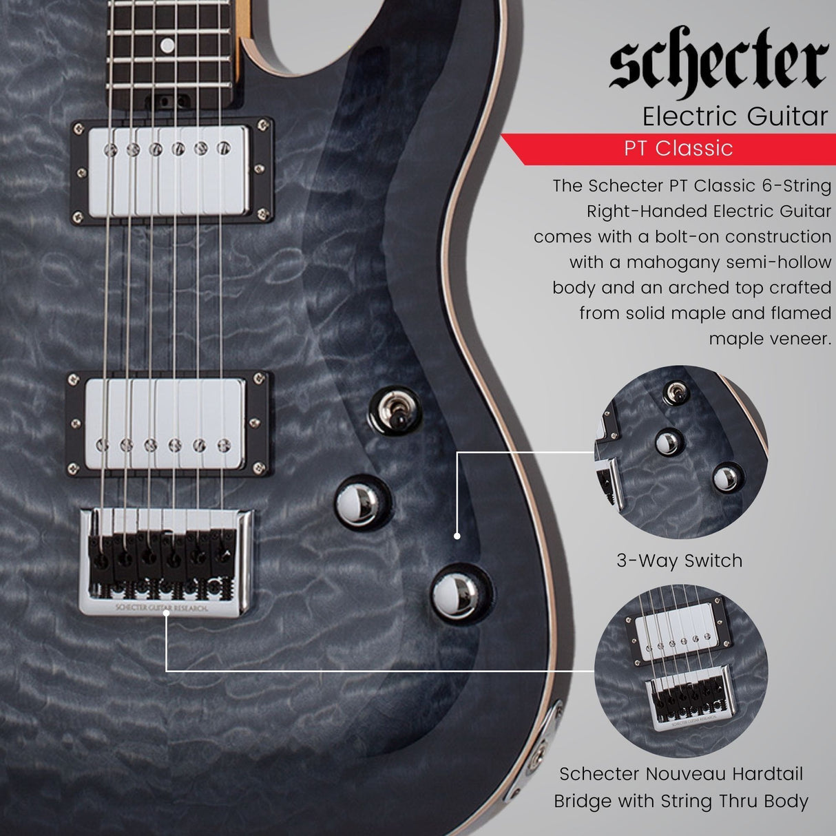 Schecter PT Classic Electric Guitar (Transparent Black Burst) with Hard Case