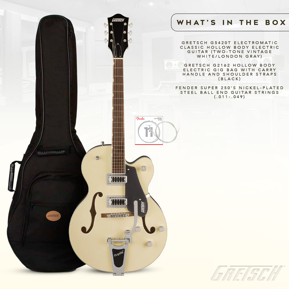 Gretsch G5420T Electric Guitar (2-Tone Vintage White London Grey) + Bag, Strings