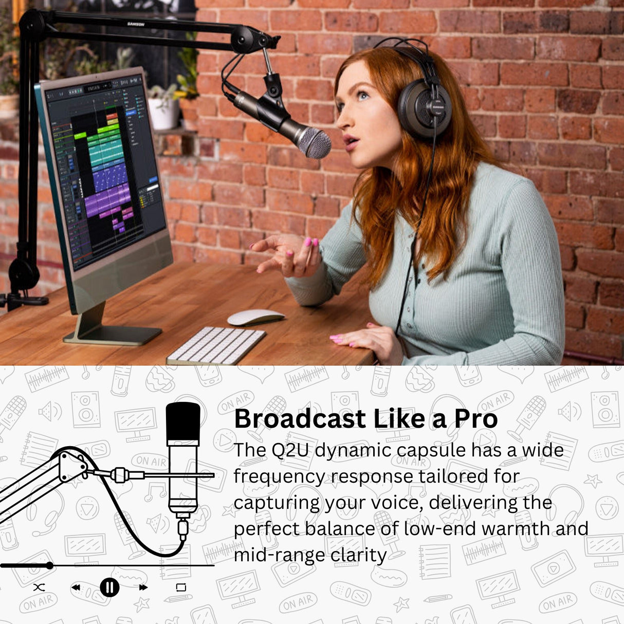 Samson Q2U Black Handheld Dynamic USB Microphone with Boom Arm and Pop Filter
