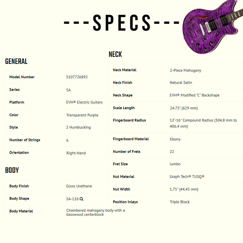 EVH SA-126 Special QM Electric Guitar - Trans Purple Ebony