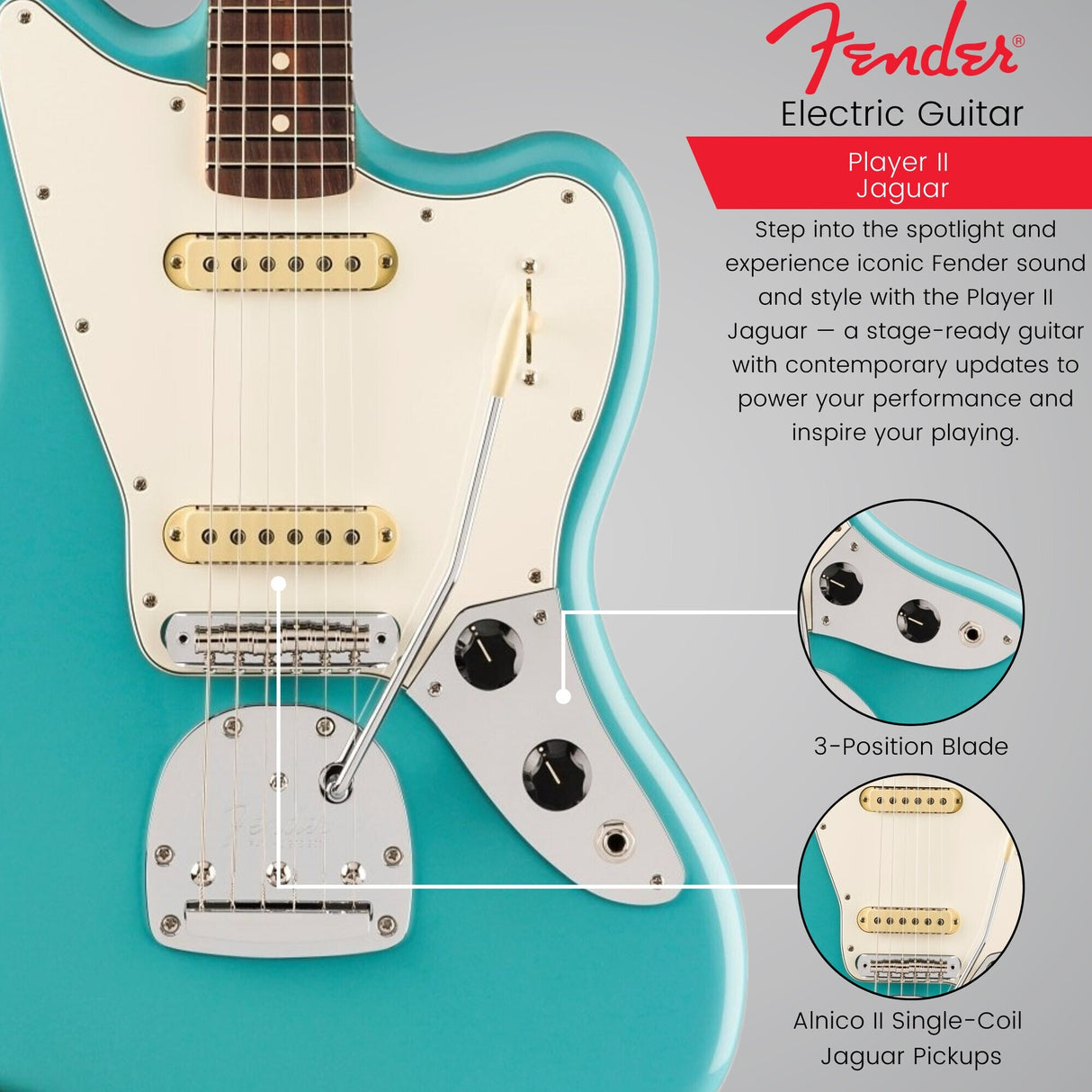 Fender Player II Jaguar, Rosewood Fingerboard, Aquatone Blue Electric Guitar