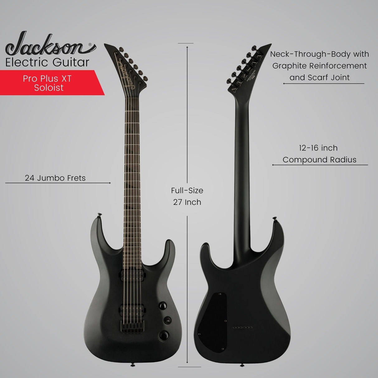 Jackson Pro Plus XT Soloist SLAT HT6 Baritone Satin Black Electric Guitar Bundle