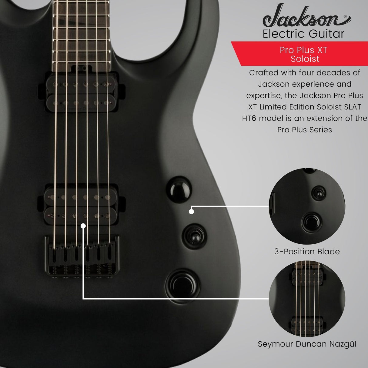 Jackson Pro Plus XT Soloist SLAT HT6 Baritone Satin Black Electric Guitar Bundle