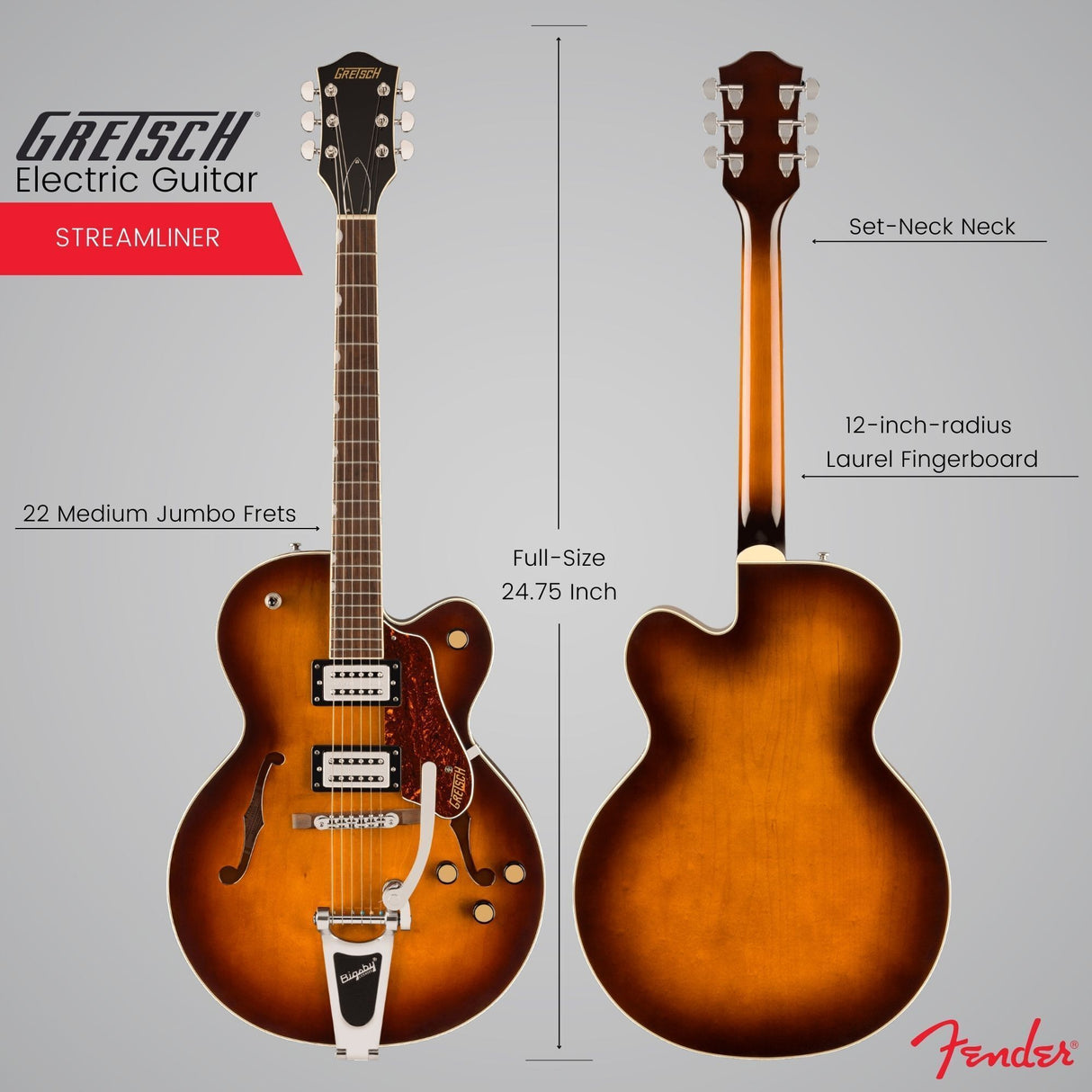 Gretsch G2420T Streamliner Hollow Body Electric Guitar (Robusto Burst) Bundle
