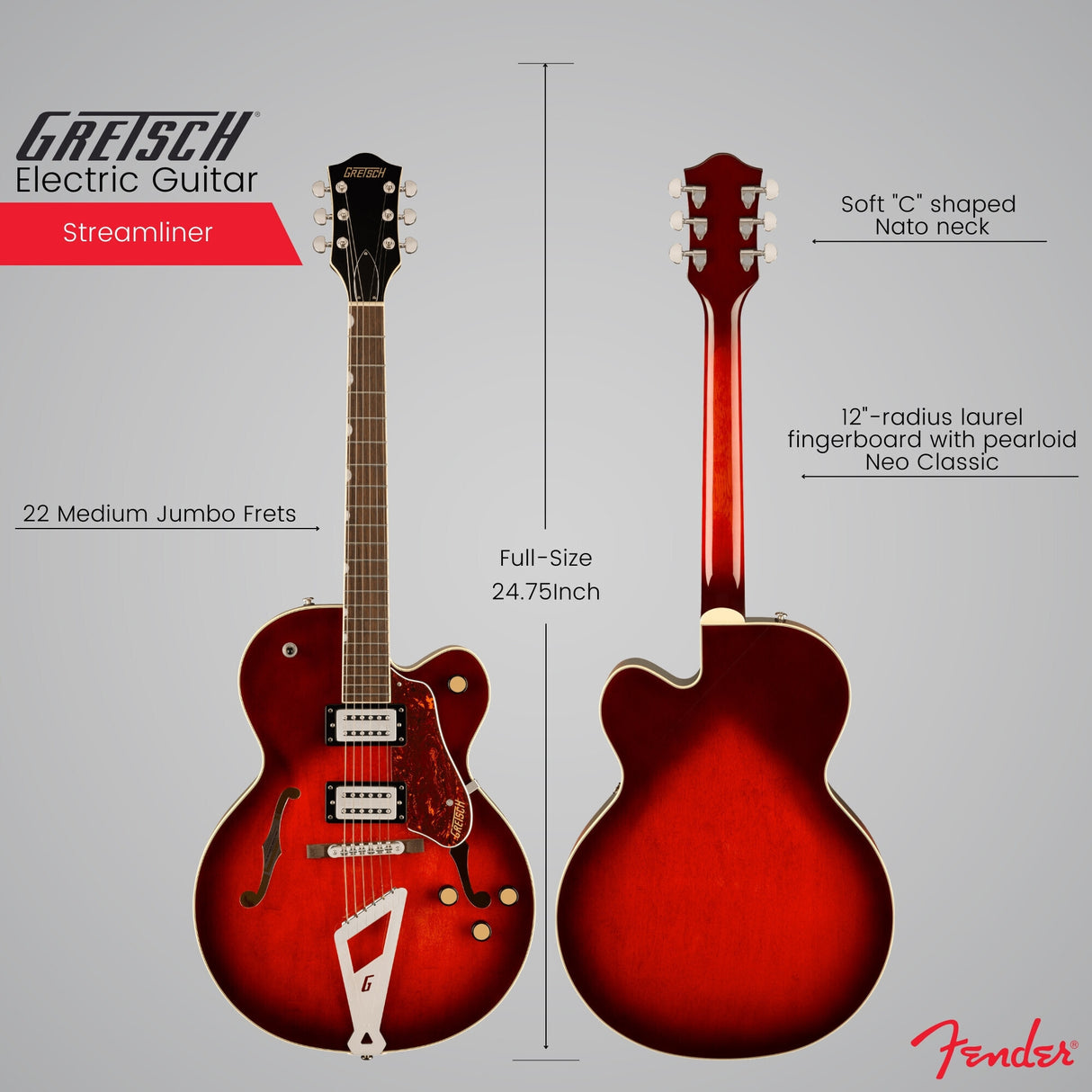 Gretsch G2420 Streamliner Hollow Body Electric Guitar (Claret Burst) with Bundle