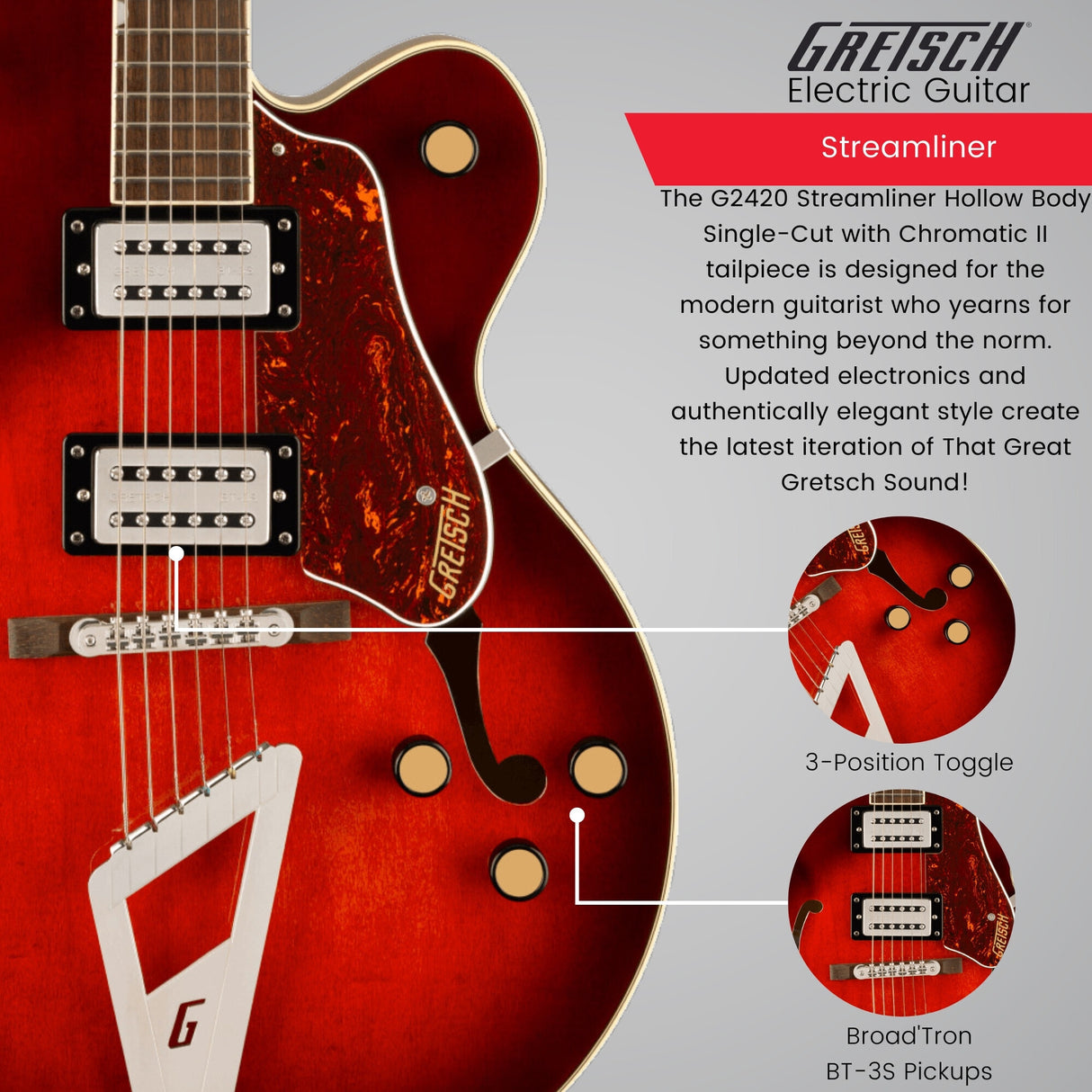 Gretsch G2420 Streamliner Hollow Body Electric Guitar (Claret Burst) with Bundle