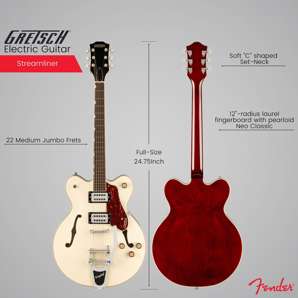 Gretsch G2622T Streamliner Center Block Double-Cut Electric Guitar (Vintage White) with Case Bundle