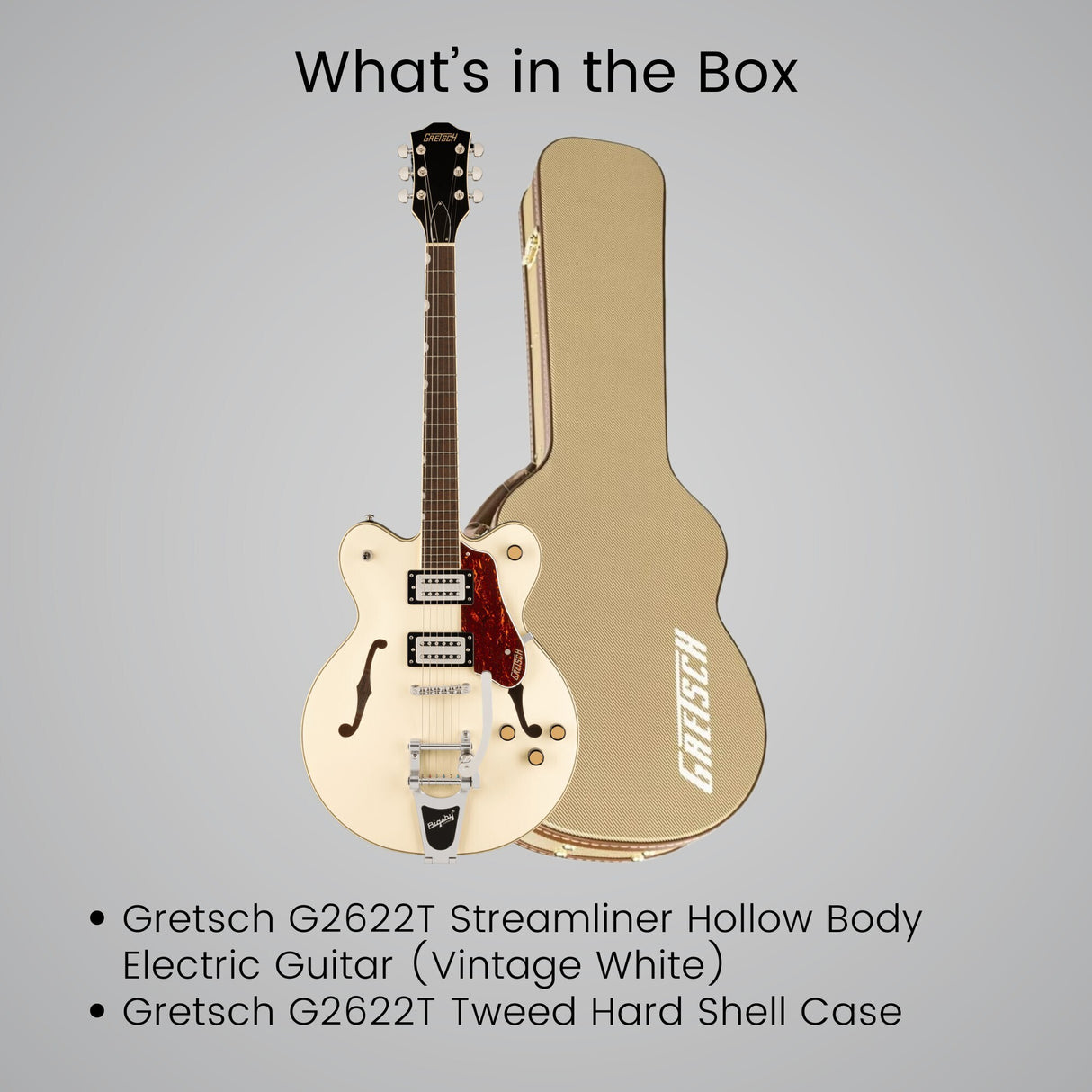 Gretsch G2622T Streamliner Center Block Double-Cut Electric Guitar (Vintage White) with Case Bundle