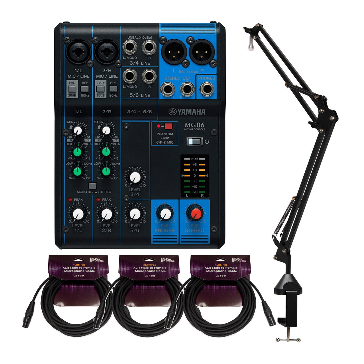 Yamaha MG06 6 Input Stereo Mixer with Microphone Stand and 3x XLR Cable Bundle