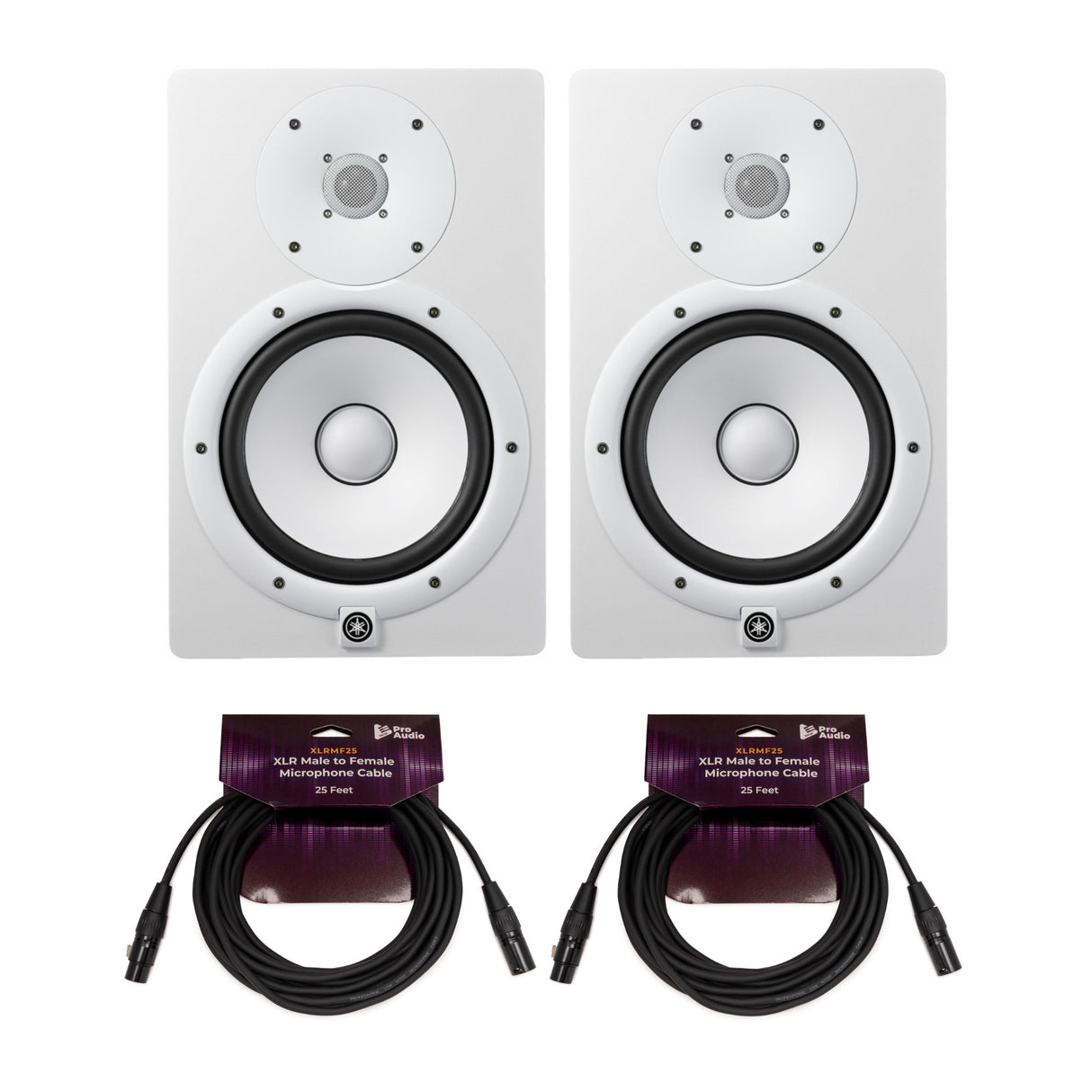 Yamaha HS8 8 Inch Powered White Studio Monitor 2 Pack with 2x Cable Bundle