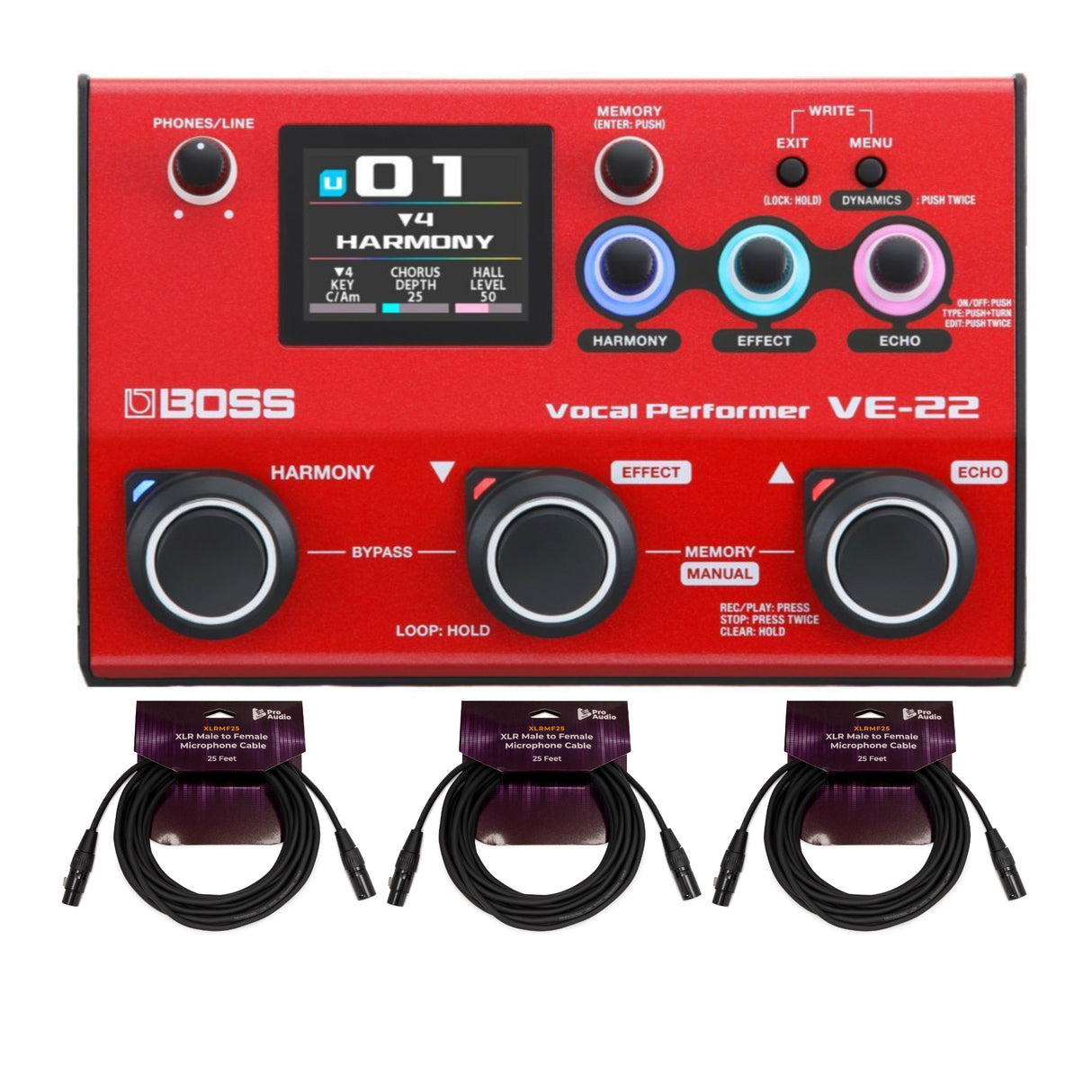 Boss VE-22 Vocal Performer Portable Multi-Effects Processor Bundle with 3 x XLR Mic Cable (4 Items)