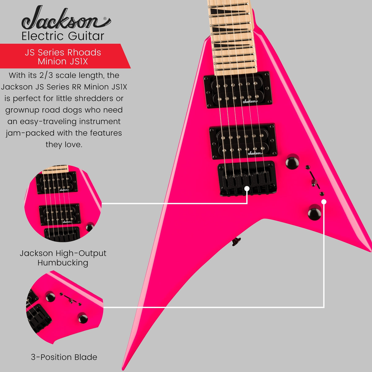 Jackson JS Series Rhoads Minion JS1X Neon Pink Electric Guitar Bundle