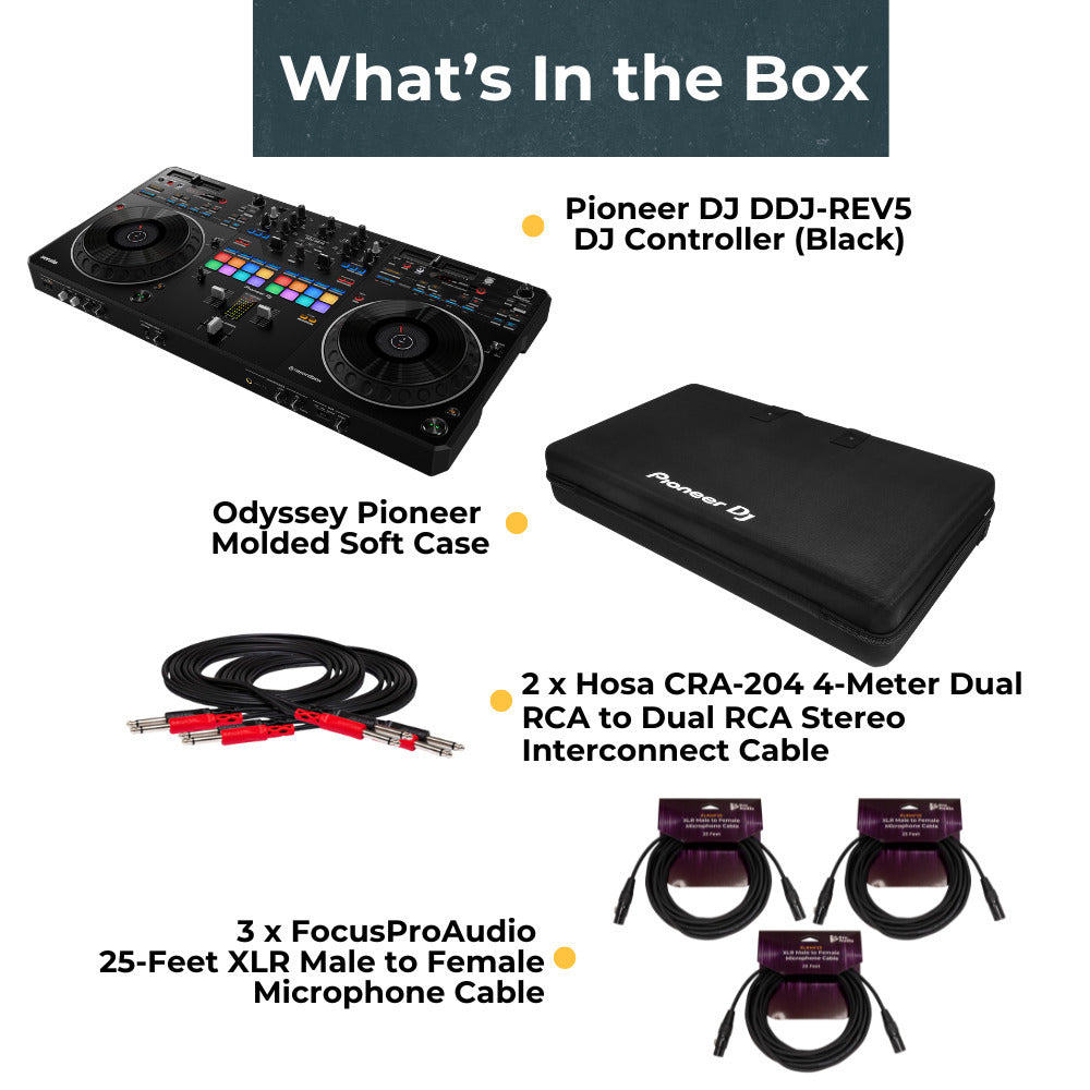 Pioneer DJ DDJ-REV5 4-Deck Serato DJ Controller with Case and 3XLR Cable Bundle