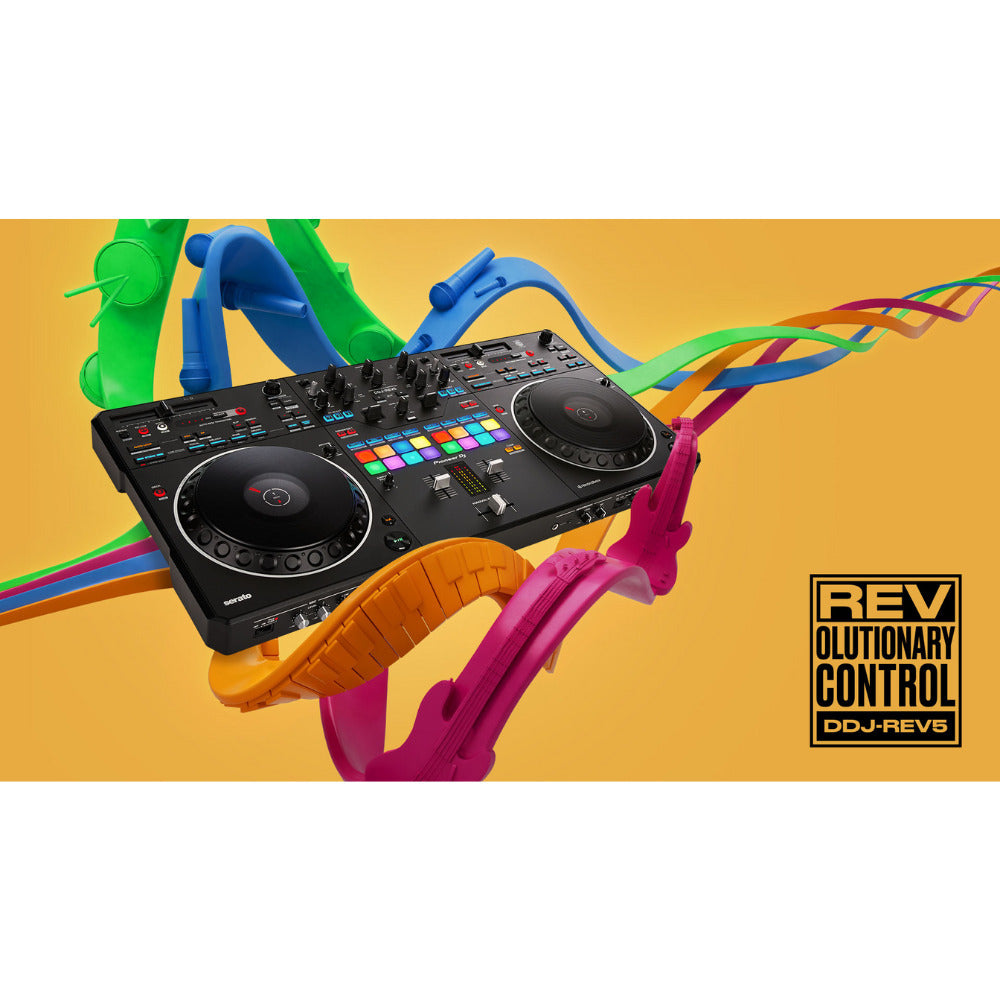 Pioneer DJ DDJ-REV5 4-Deck Serato DJ Controller with Case and 3XLR Cable Bundle
