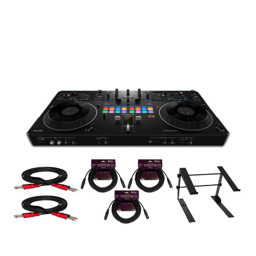 Pioneer DJ DDJ-REV5 4-Deck Serato DJ Controller w Laptop Stand and Cables Bundle