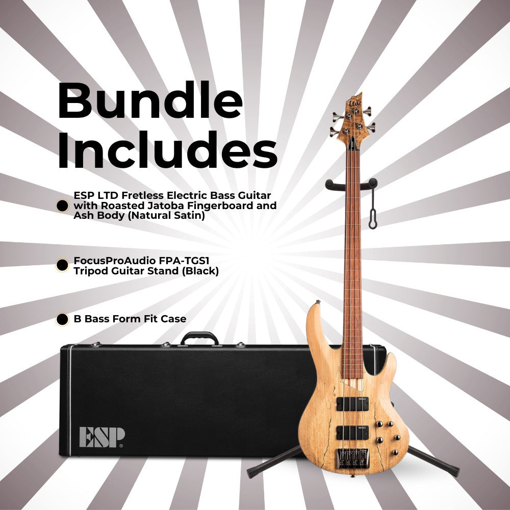 ESP LTD B-204SM Fretless Bass Guitar - Natural Satin with Case and Stand