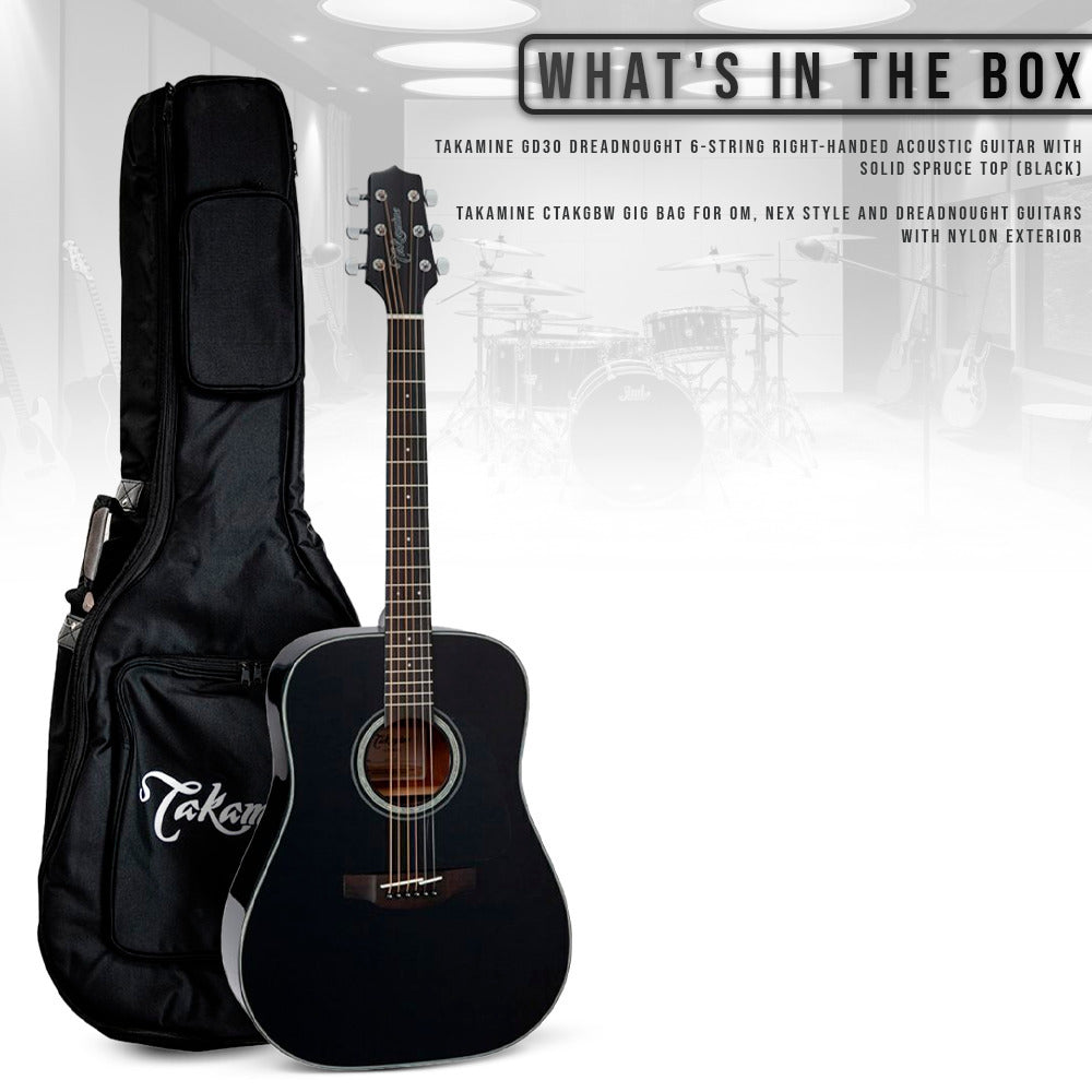 Takamine GD30-BLK Dreadnought Acoustic Guitar, Black with Gigbag