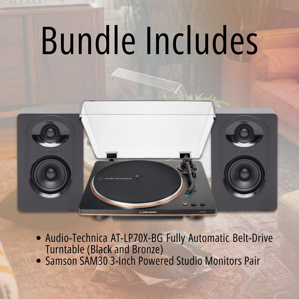 Audio-Technica AT-LP70X-BZ Fully Auto Belt-Drive Turntable & Studio Monitors