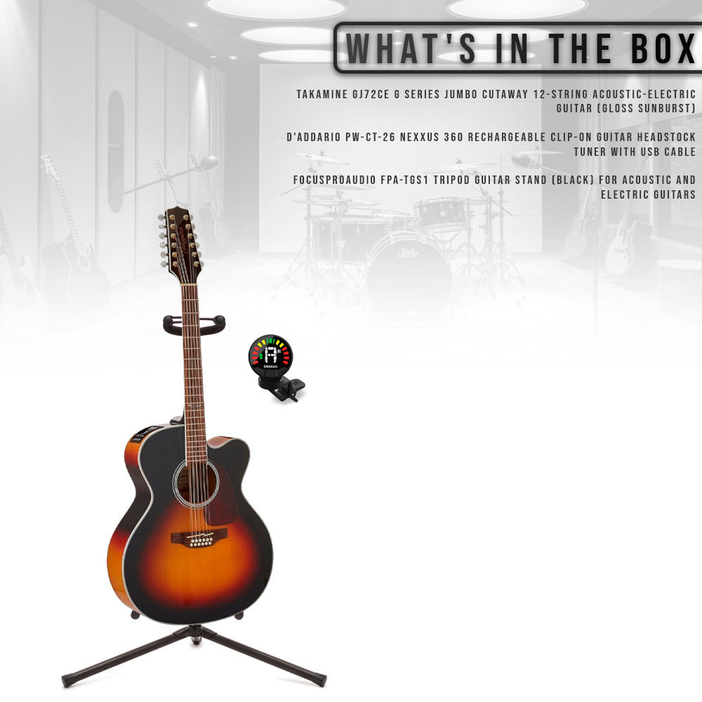 Takamine GJ72CE-12 G Series 12-String Acoustic-Electric Guitar with Stand, Tuner