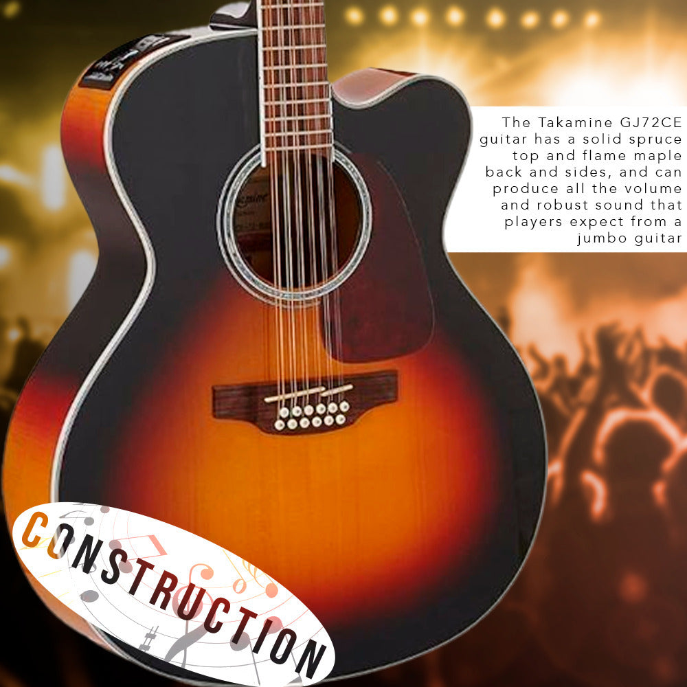 Takamine GJ72CE-12 G Series 12-String Acoustic-Electric Guitar with Stand, Tuner