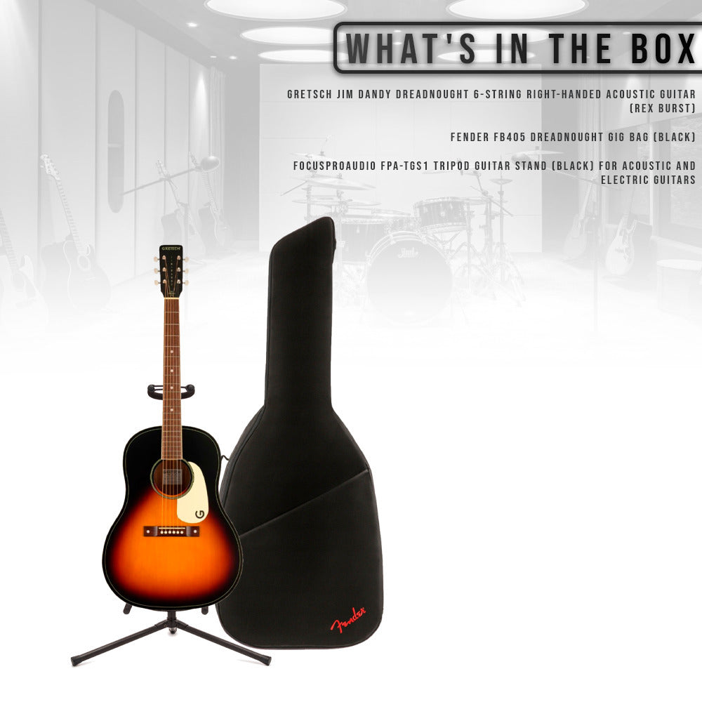 Gretsch Jim Dandy Dreadnought Acoustic Guitar - Rex Burst with Gig Bag and Stand