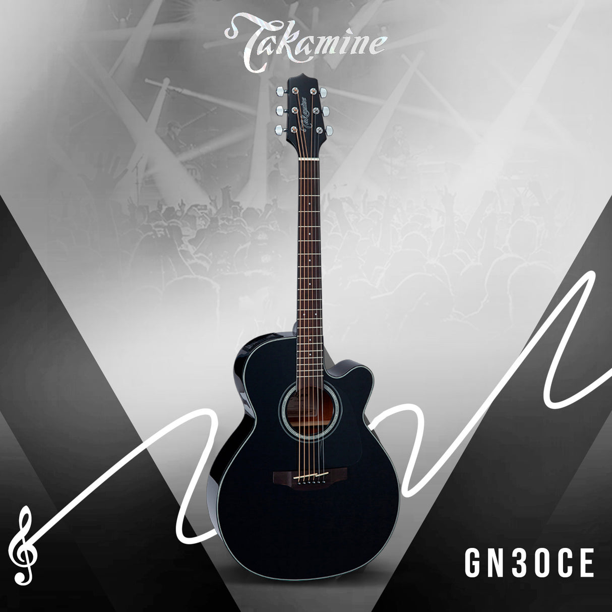 Takamine G Series GN30CE NEX Acoustic-Electric Guitar Black with stand and tuner