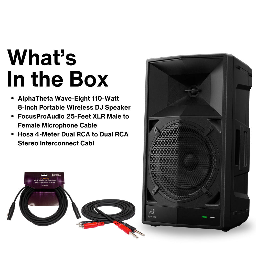 AlphaTheta Wave-Eight 110W 8 in. Portable DJ Speaker with RCA and XLR Cables