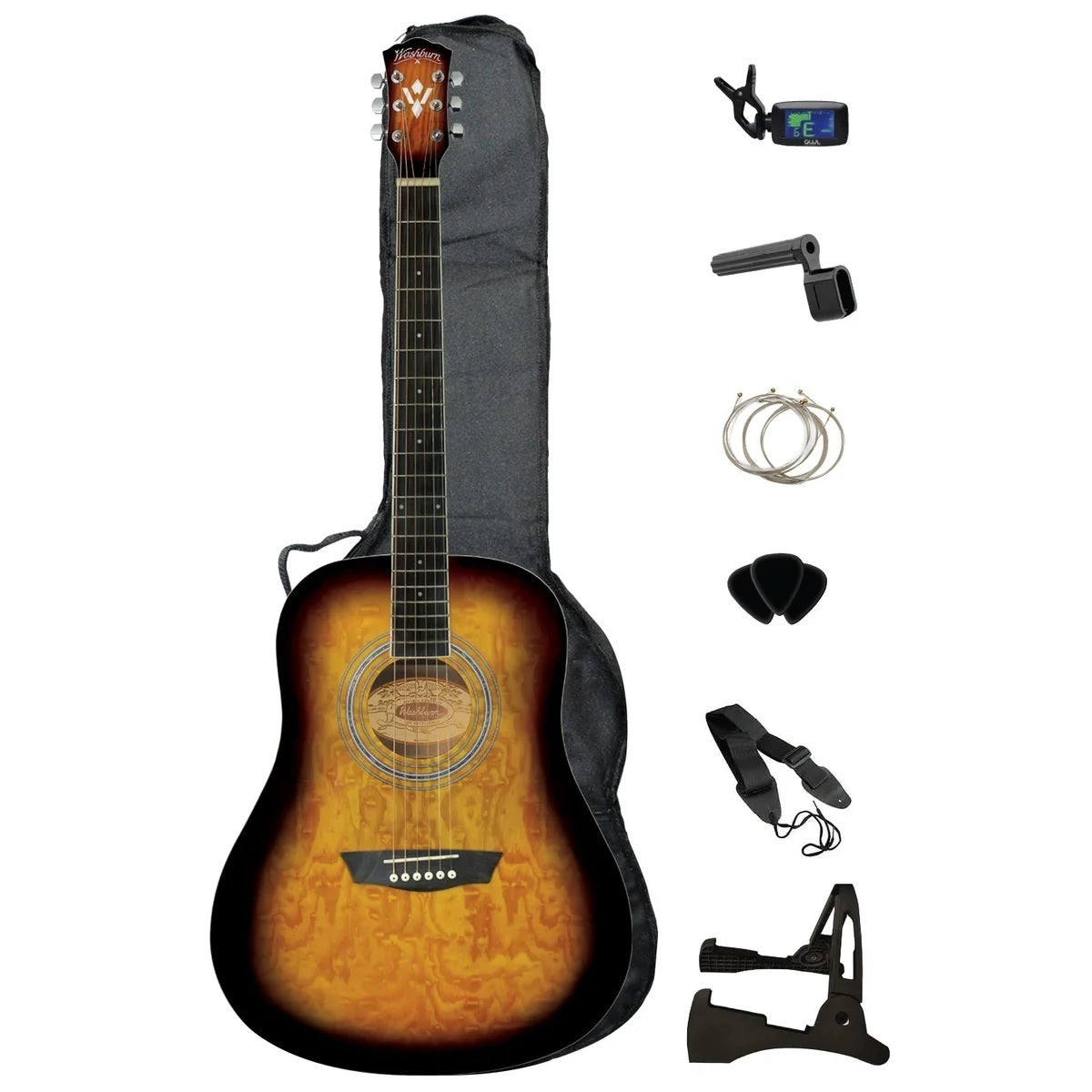Washburn 6-String Right-Handed Acoustic Guitar Pack (Tobacco Burst)