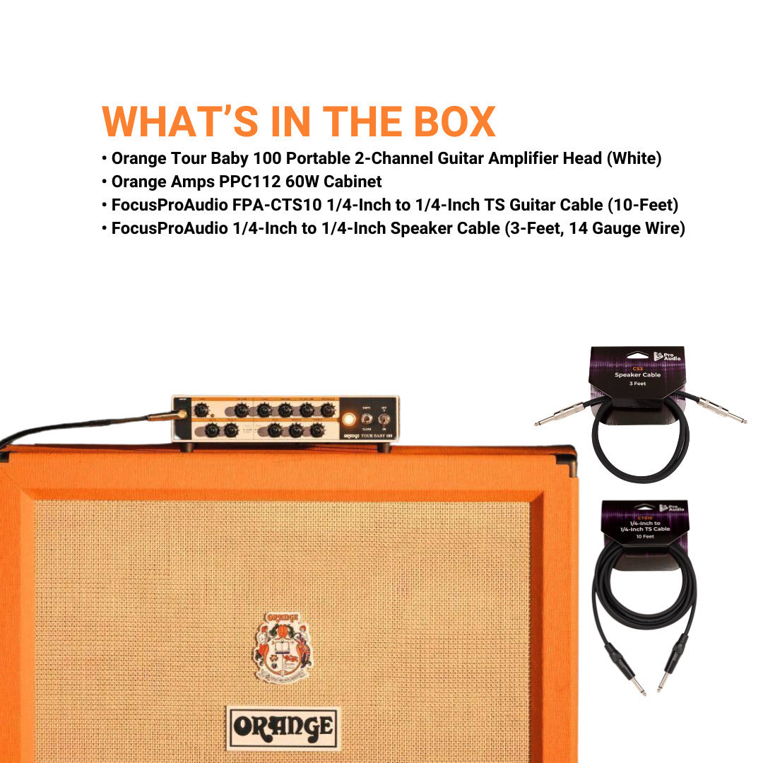 Orange Tour Baby 100 Portable 2 Channel Guitar White Amplifier Head Bundle