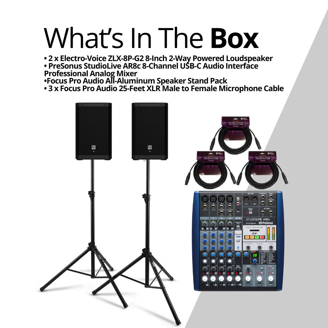 Electro Voice ZLX 8P G2 8 Inch 2 Way Powered Black 2 Pack Loudspeaker Bundle