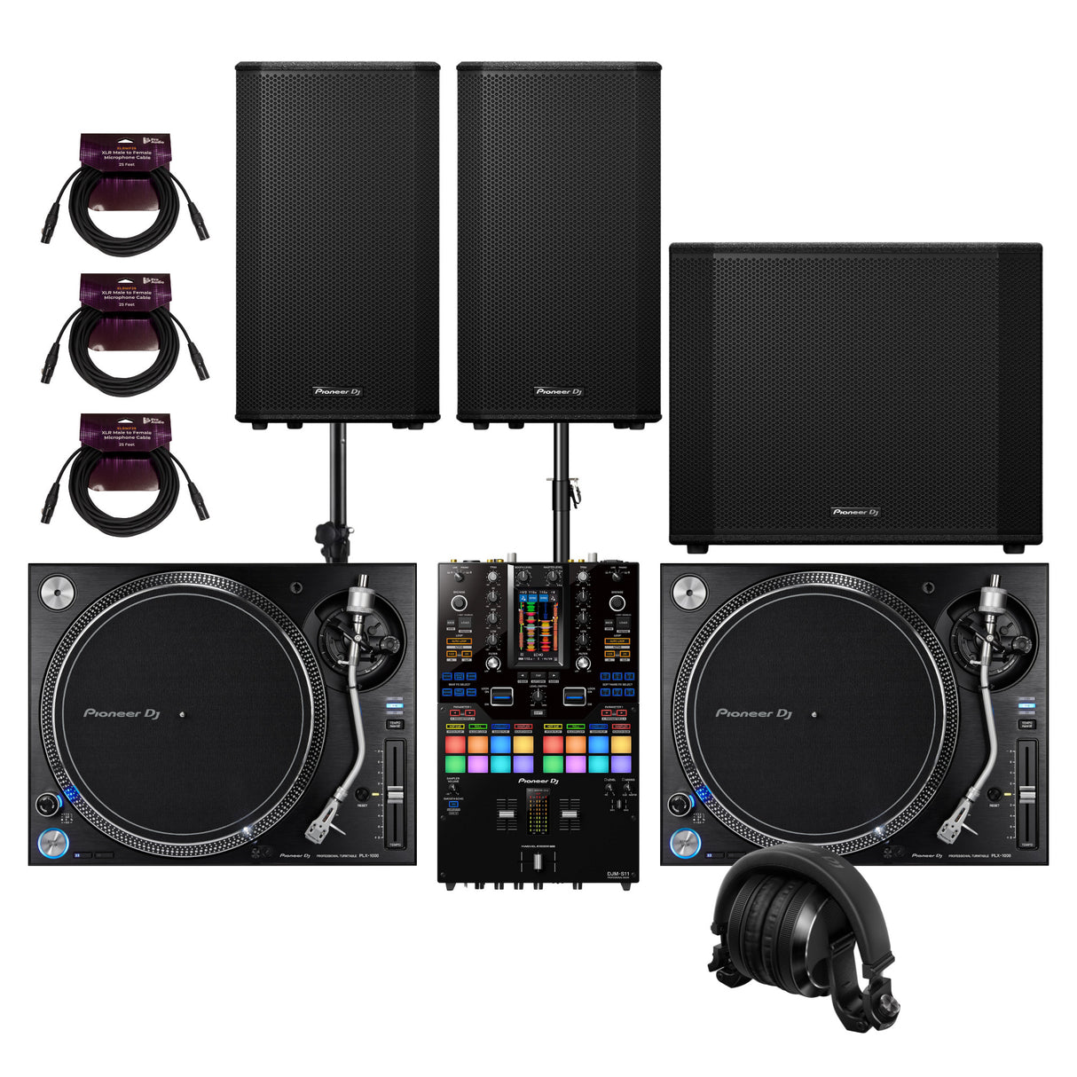 Pioneer DJ PLX 1000 2 Pack Analog Turntable and 2 Channel Mixer Bundle