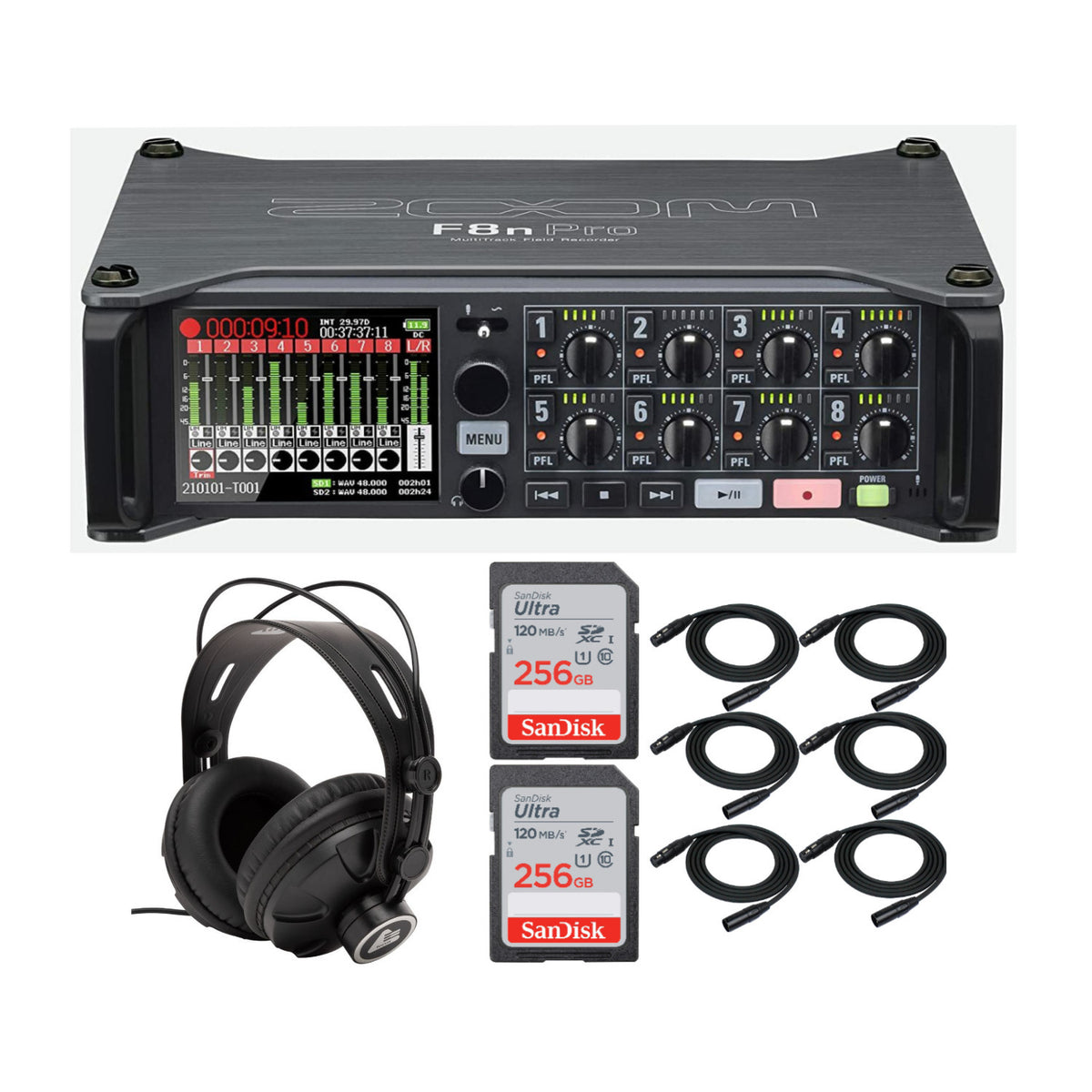 Zoom F8n Pro MultiTrack Field Recorder with Closed-Back Headphones and Accessory Bundle