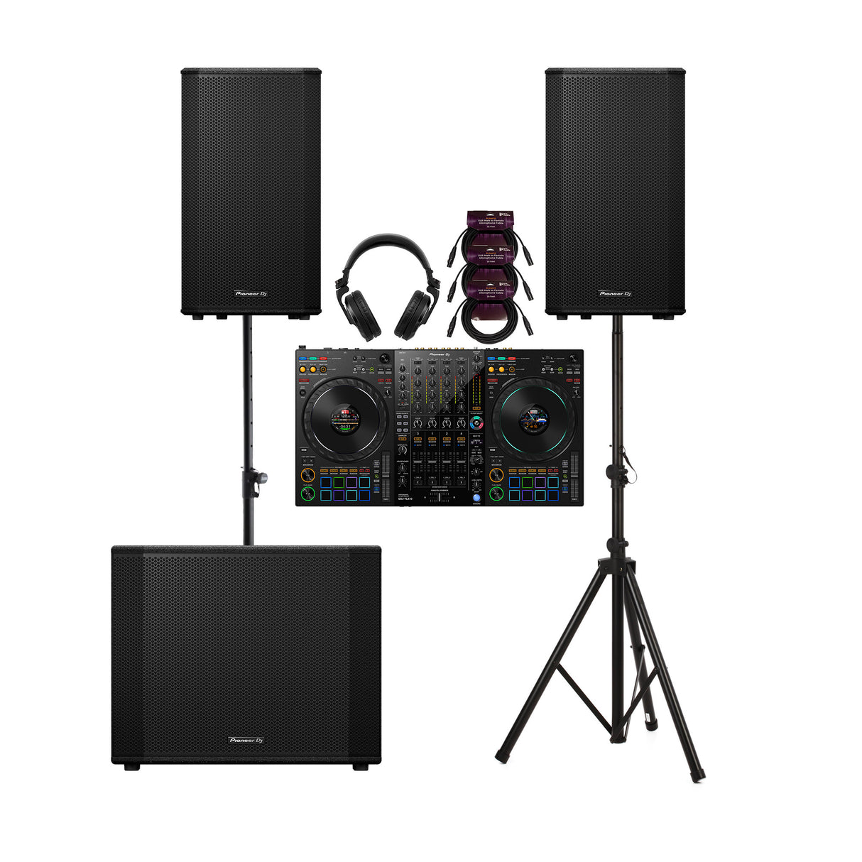 Pioneer DJ DDJ FLX10 4 Deck Black DJ Controller with Subwoofer Bundle