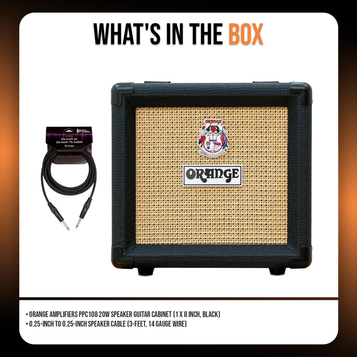 Orange Amplifiers PPC108 20W 1 x 8 Inch Black Speaker Guitar Cabinet Bundle