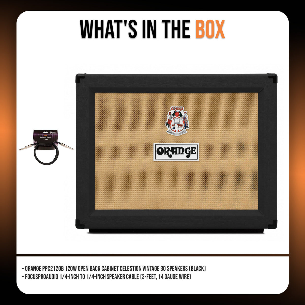 Orange PPC212OB 120W Open Back Cabinet (Black) with 3ft Speaker Cable (2 Items)